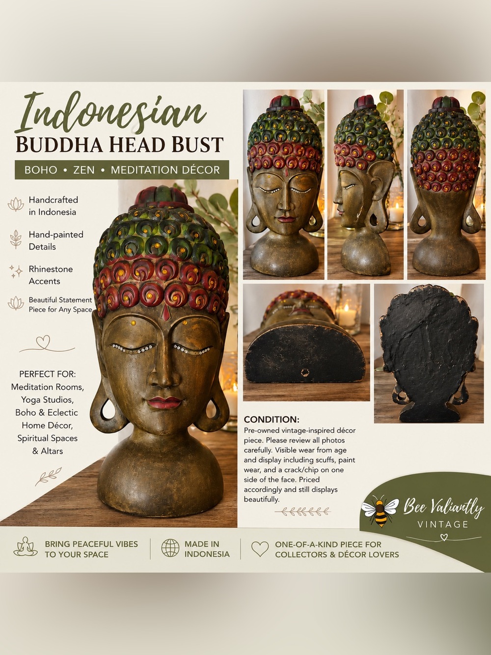 🧘🏽‍♀️Indonesian Buddha Head Bust Statue Boho Zen Meditation Decor